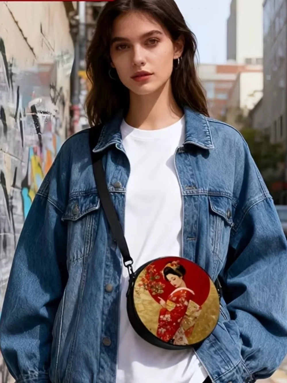 Round Black Crossbody Bag with Red Floral Geisha Print